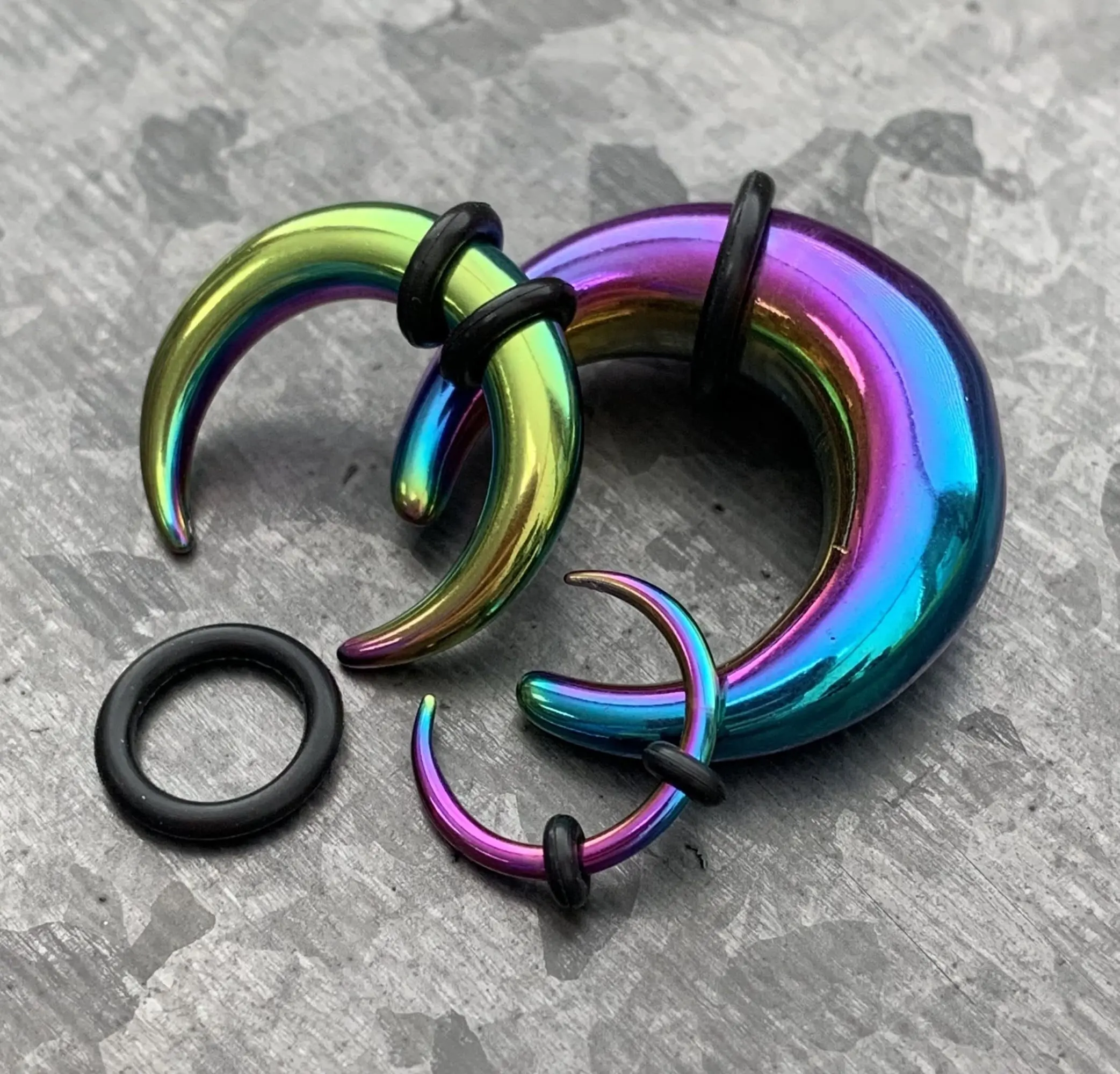 1 PIECE Rainbow PVD Plated Surgical Steel Septum Ring / Buffalo Taper with O-Rings - Expander- Gauges 14g (1.6mm) thru 00g (10mm)