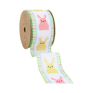 2 1/2" Wired Ribbon | White w/ Pink/Yellow Bunny Fronts | 10 Yard Roll Spring decor Easter Day decor Valentine’s Day decor wrapping gifts
