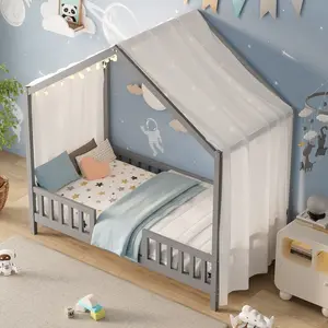 Twin Montessori Floor Bed, House Shape with Canopy and Railings, Low Profile Wood Frame, for Bedroom, Grey