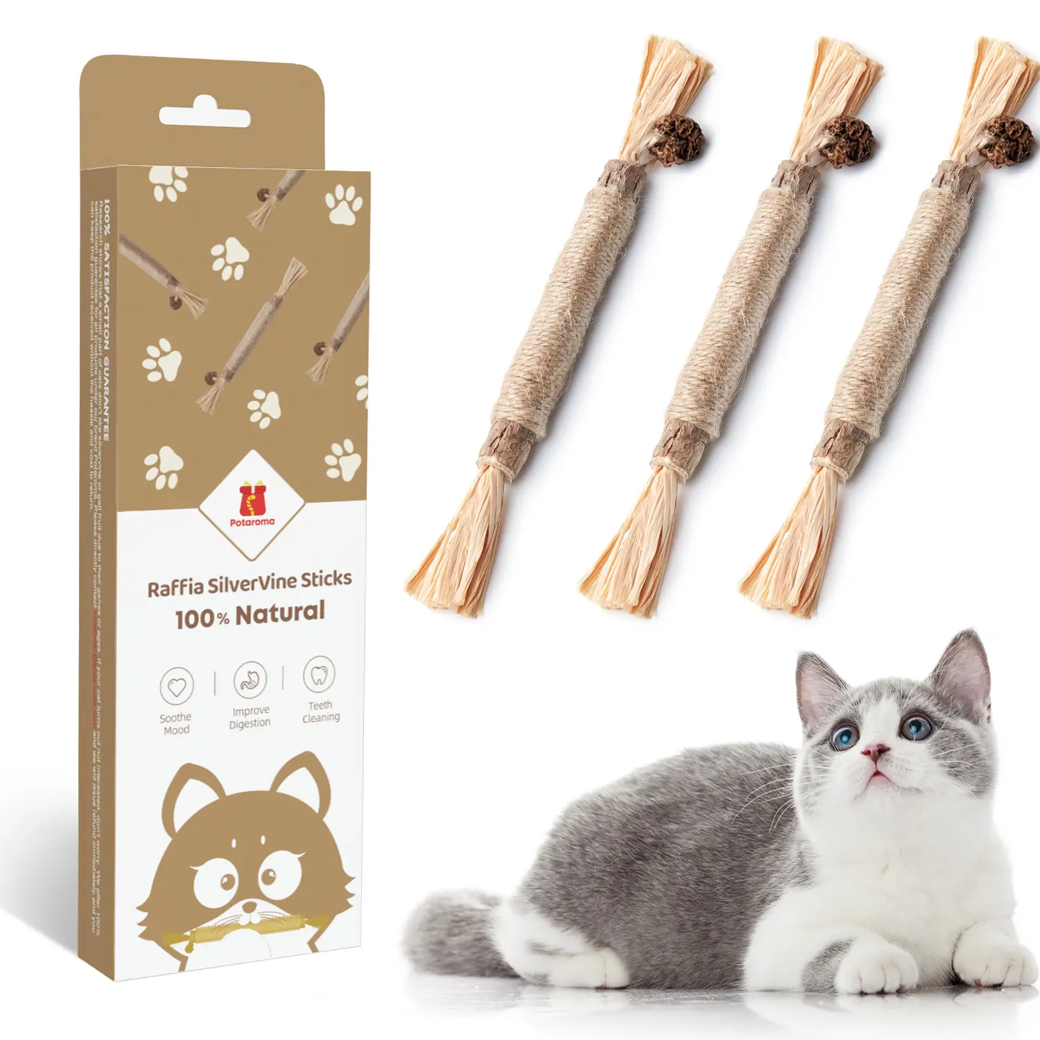 Potaroma 6-Piece Premium Natural Silvervine Sisal Feline Stick Chews - Non-Toxic Textured Rope Cat Toys with Calming Effect, Gall Fruit Infused for Teeth Cleaning & Dental Health, Suitable for All Cat Ages