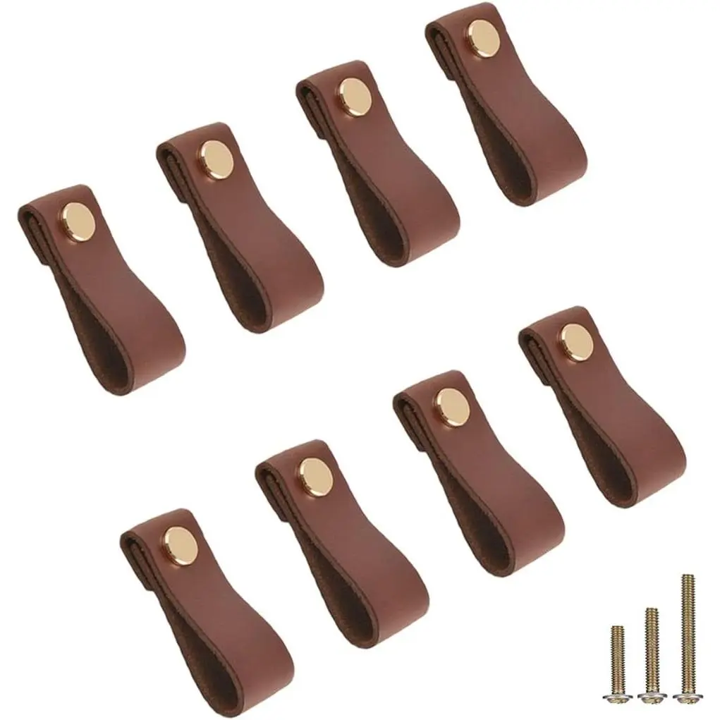 yusheng 8 Pack Soft Genuine Leather Drawer Pulls Handle,Wardrobe Cabinets Kitchen Closet Knobs Door Pulls Handles knobs with Screws,Home Decoration, Handmade (8 Pack, 2.6" Single Hole - Brown)