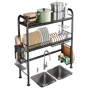Yujas Sky 2-Tier Large Over The Sink Dish Drying Rack with Utensil Holder Metal Organizer for Kitchen Counter Storage Tool