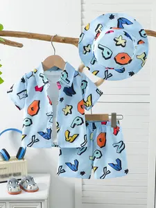 Boys' Summer Leisure Set, Outfit, Graffiti Printed, White Tank Top+Graffiti Printed Shirt+Shorts+Sunshade Hat Four Piece Set, Valentine's Day Gift, Suitable for Summer Travel, Beach Play, Family Dinner