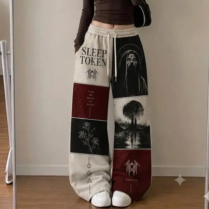 Vintage Dark Aesthetic Graphic Loose Pants, Sleep TK Gothic Patchwork Casual Sweatpants, Unisex Oversized Streetwear Trousers