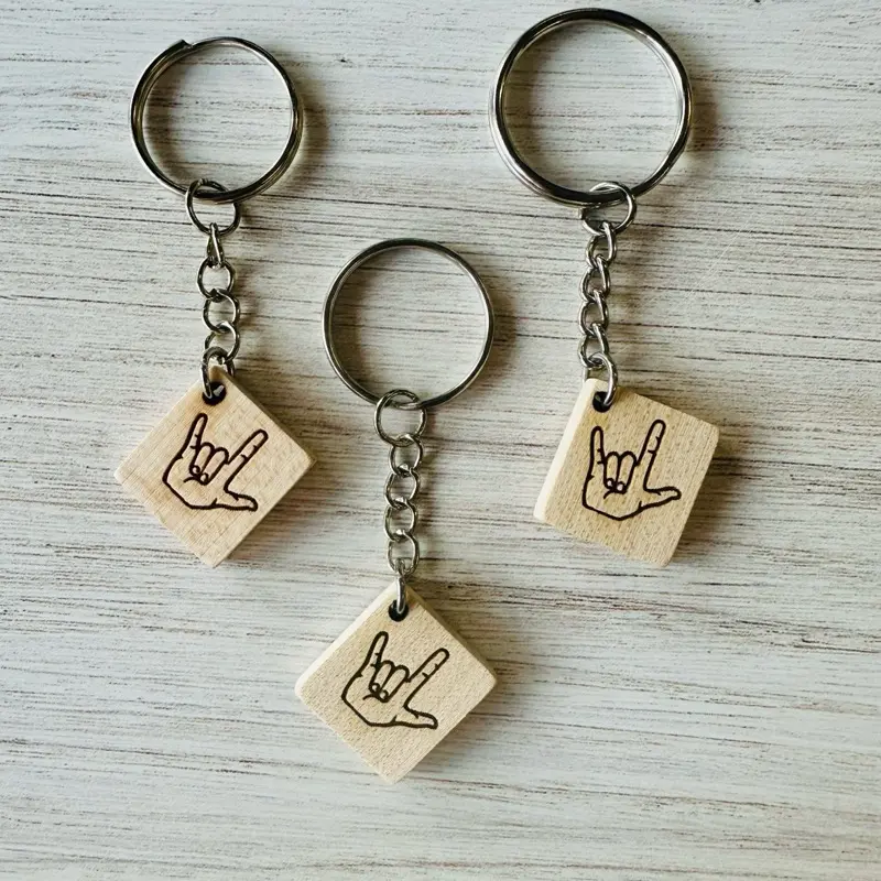 Cosmic Soup American Sign Language "I Love You" Handshape Wooden Keychain Tile Magnet for ASL Students Interpreters & Allies Gift
