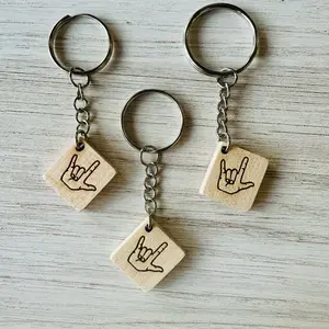 Cosmic Soup American Sign Language "I Love You" Handshape Wooden Keychain Tile Magnet for ASL Students Interpreters & Allies Gift