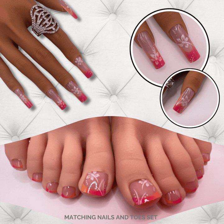 LUXEA Pink & Orange Floral Ombre Matching Nails & Toes Set