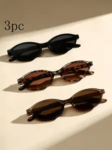 3pc Small Oval Sunglasses for Women, High-End European Style, Unisex UV Protection, Retro Fashion Eyewear, Stylish Sun Glasses