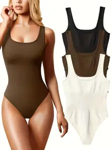 Women'S 3pcs Matching Set of Form-Fitting Sexy Ribbed Sleeveless Square Neck Bodysuit Womenswear