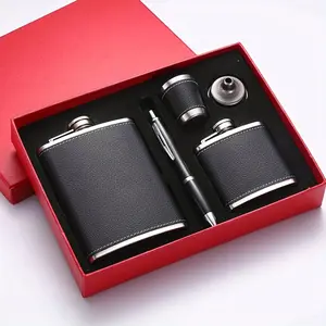 8oz Stainless Steel Flask Gift Set, Portable Black Leather Drinking Bottle with Cups and Funnels, Travel Accessories, Household Kitchenware, Perfect Gift for Men and Women