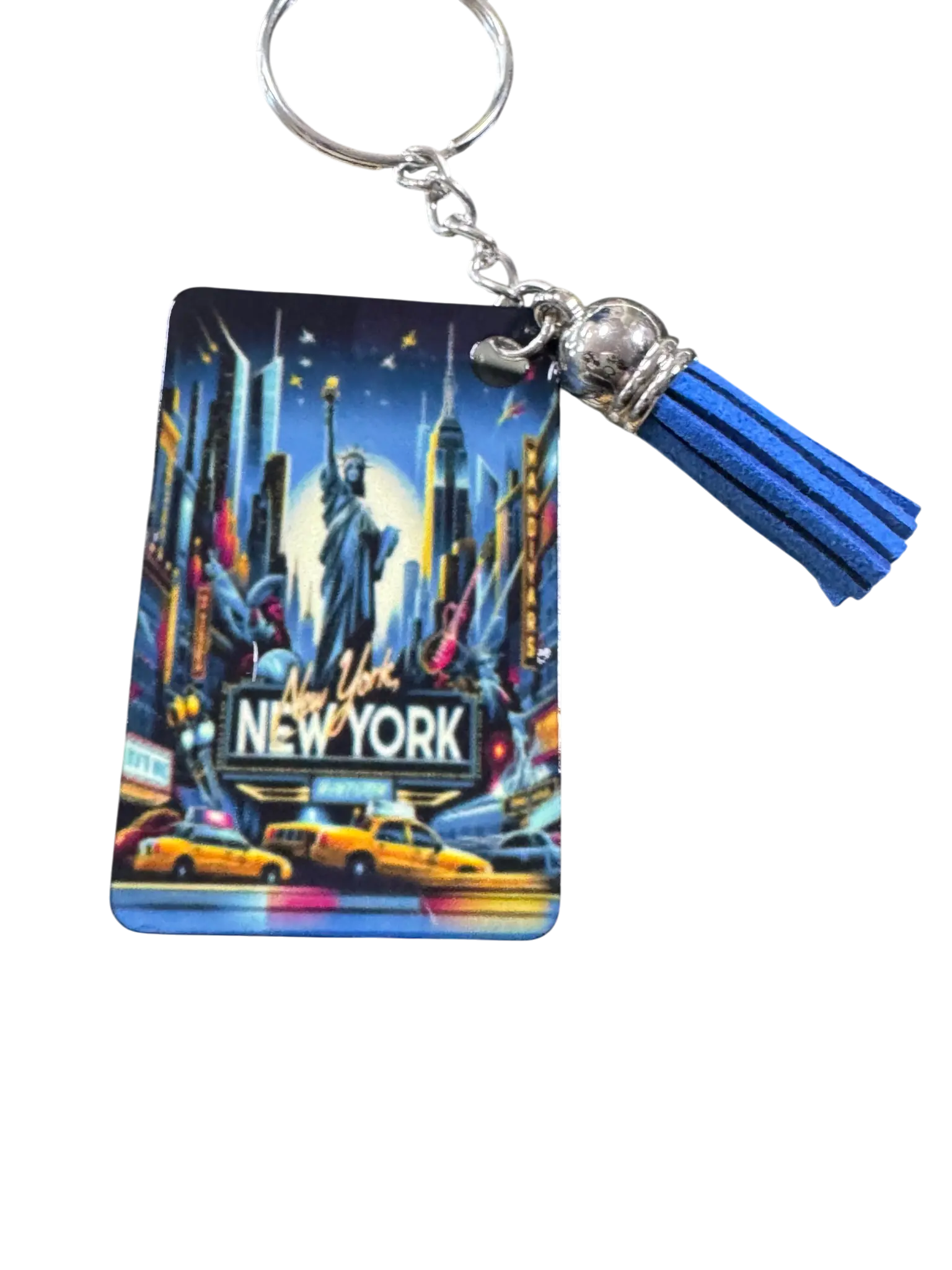 New York City Souvenir Keychain, Metal, with Blue Tassel Charm, Statue of Liberty NYC Theme