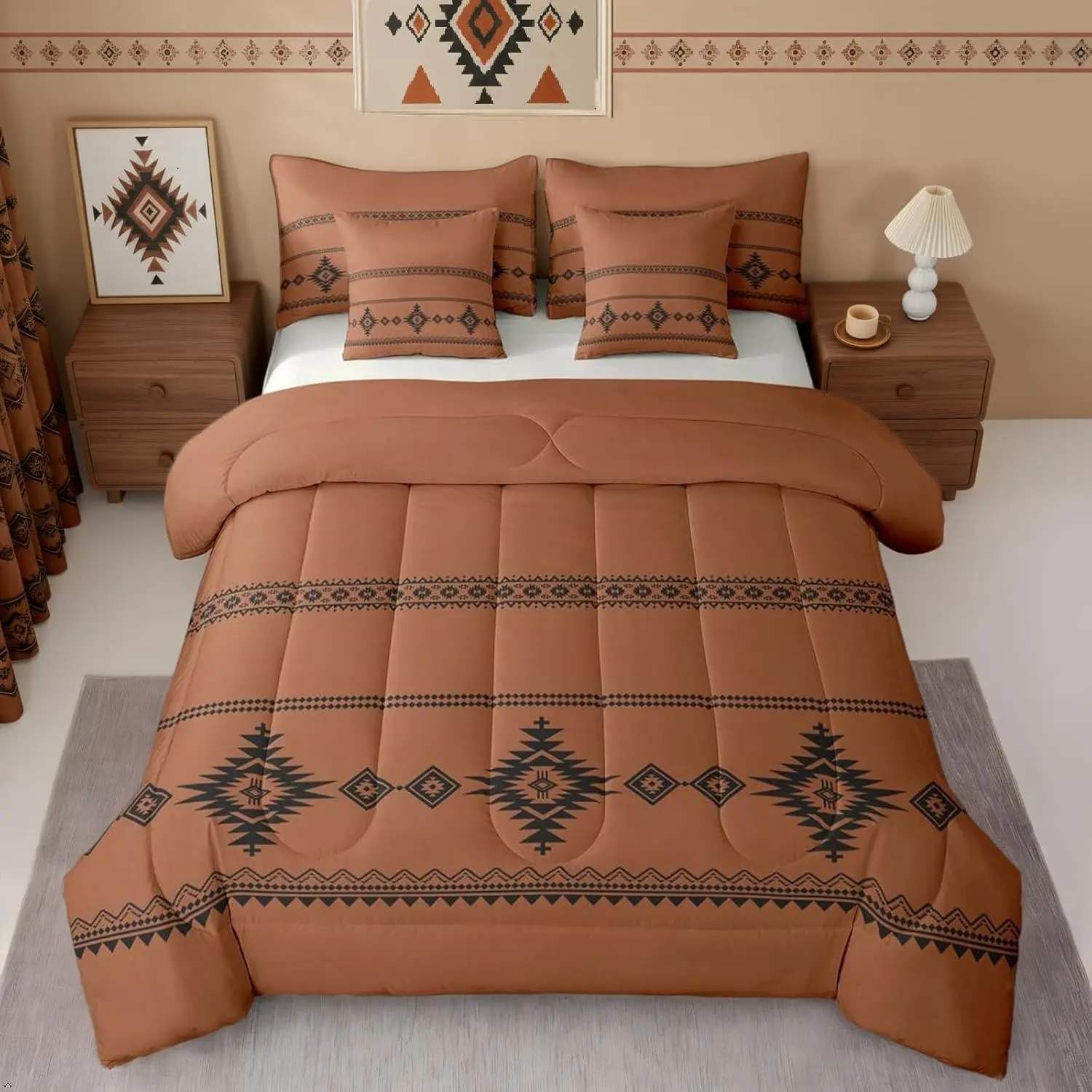 Navajo Style Aztec Comforter Set,Boho Farmhouse Western Bedding Set,All Season Bed in A Bag Comforter Set with Sheets,Pillowcases & Shams,Burnt Orange 7 Pieces