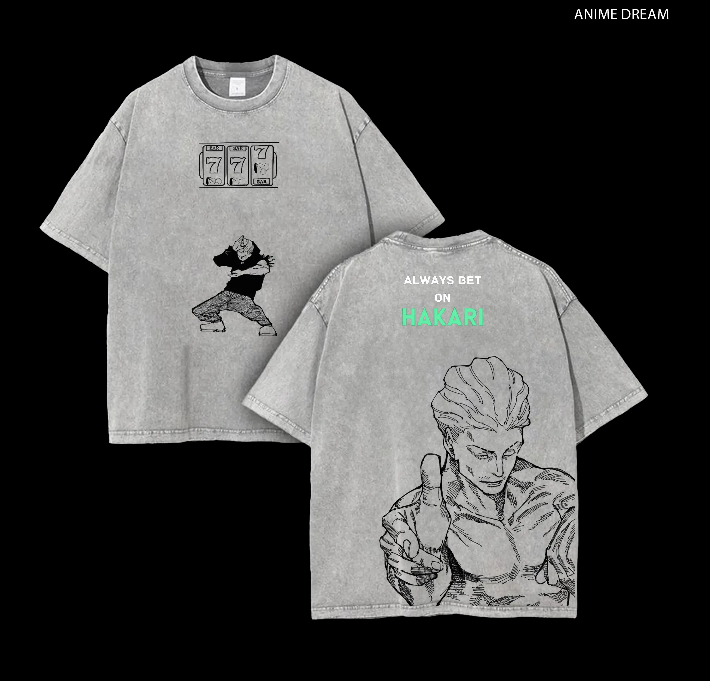 Hakari Kinji JJK Anime Double Printed Vintage Washed Tee Unisex Oversize Heavyweight Cotton T-shirt for Anime Fans and Lovers