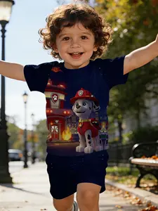 Starry Sky Dark Blue Paw Patrol Marshall Digital Print Infant & Toddler Short Sleeve Set, Baby Casual Children's Clothing, Suitable for Daily and Outdoor Sports. T-shirt is 100% polyester, a perfect gift for infants and toddlers!