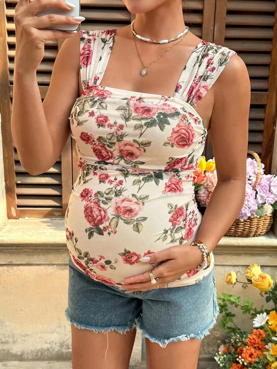 Maternity Floral Tank Top Ruched Square Neck Knitted Summer Pregnancy Top for Beach Vacation