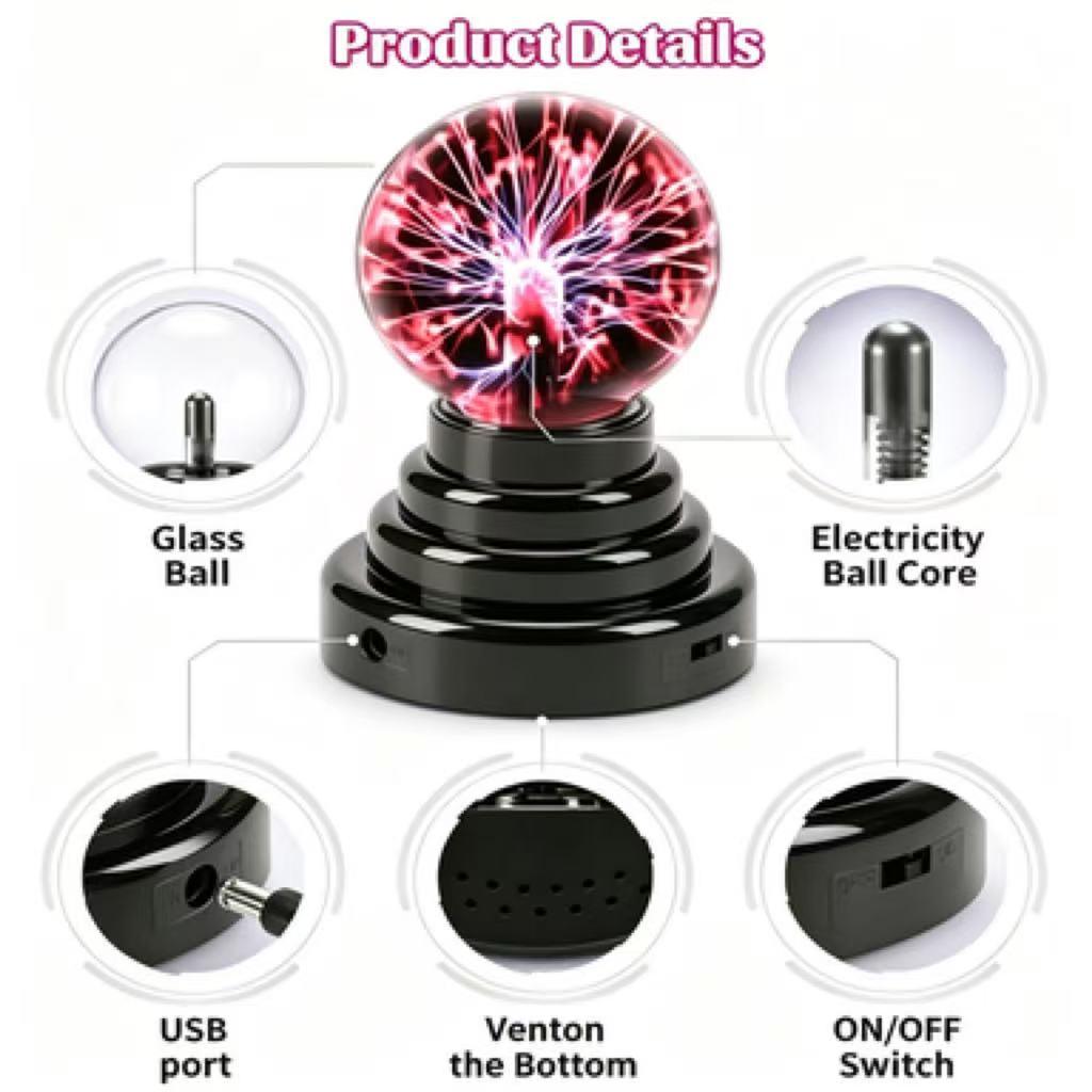 3 Inch Touch Sensitive Plasma Ball Lamp USB Powered Magic Globe Light，Touch Sensitive Interactive Plasma Lamp Nebula Sphere Globe,Gift for Parties,Decorations， Birthday and Holiday