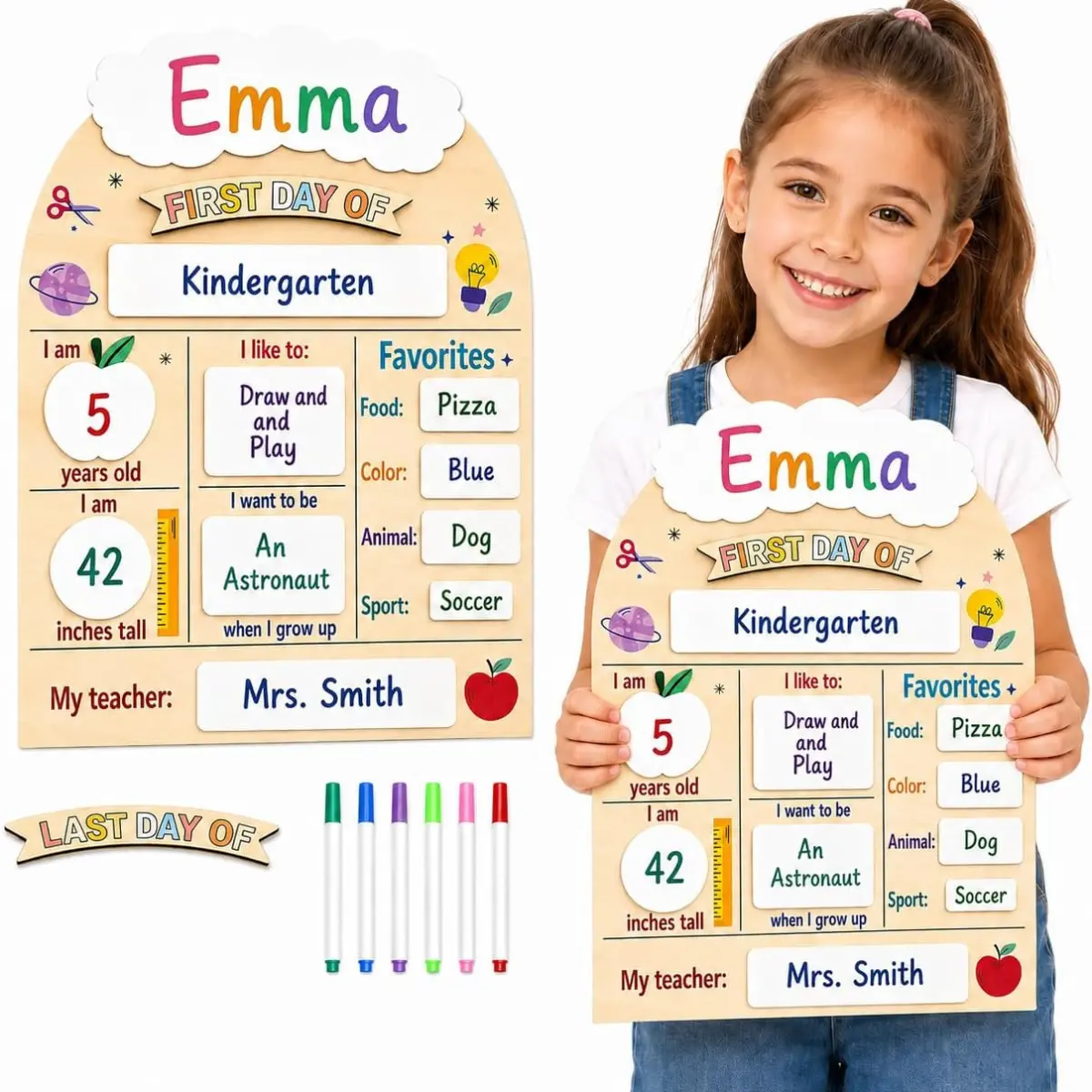 Reusable First and Last Day of School Drawing Board (13in x 9.5in) with 6 Color Markers, Easy-to-Erase Office Stationery for Preschoolers