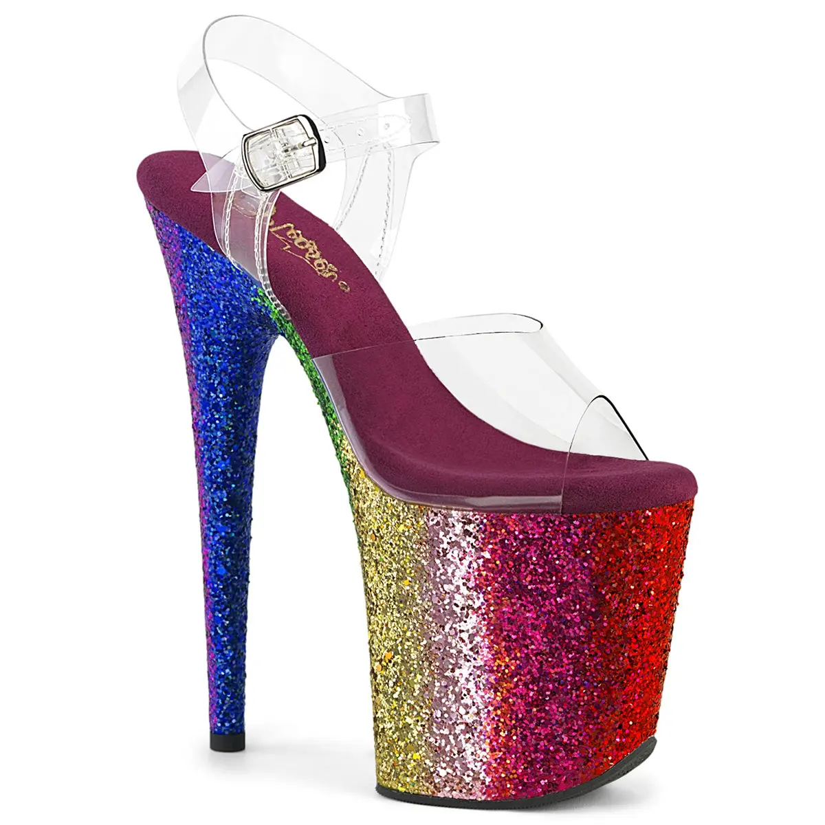 Women's Stylish Platform Sandals with Transparent Ankle Strap and Rainbow Glitter Base, Fashion Shoes with an 8-Inch Heel