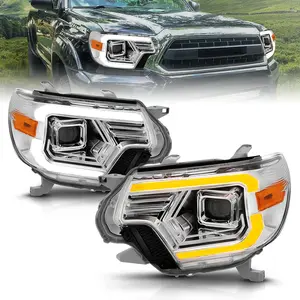AmeriLite for 2012-2015 Toyota Tacoma Truck C-Type LED Tube Switchback Turn Signal Chrome Headlights Assembly Pair - Passenger and Driver Side