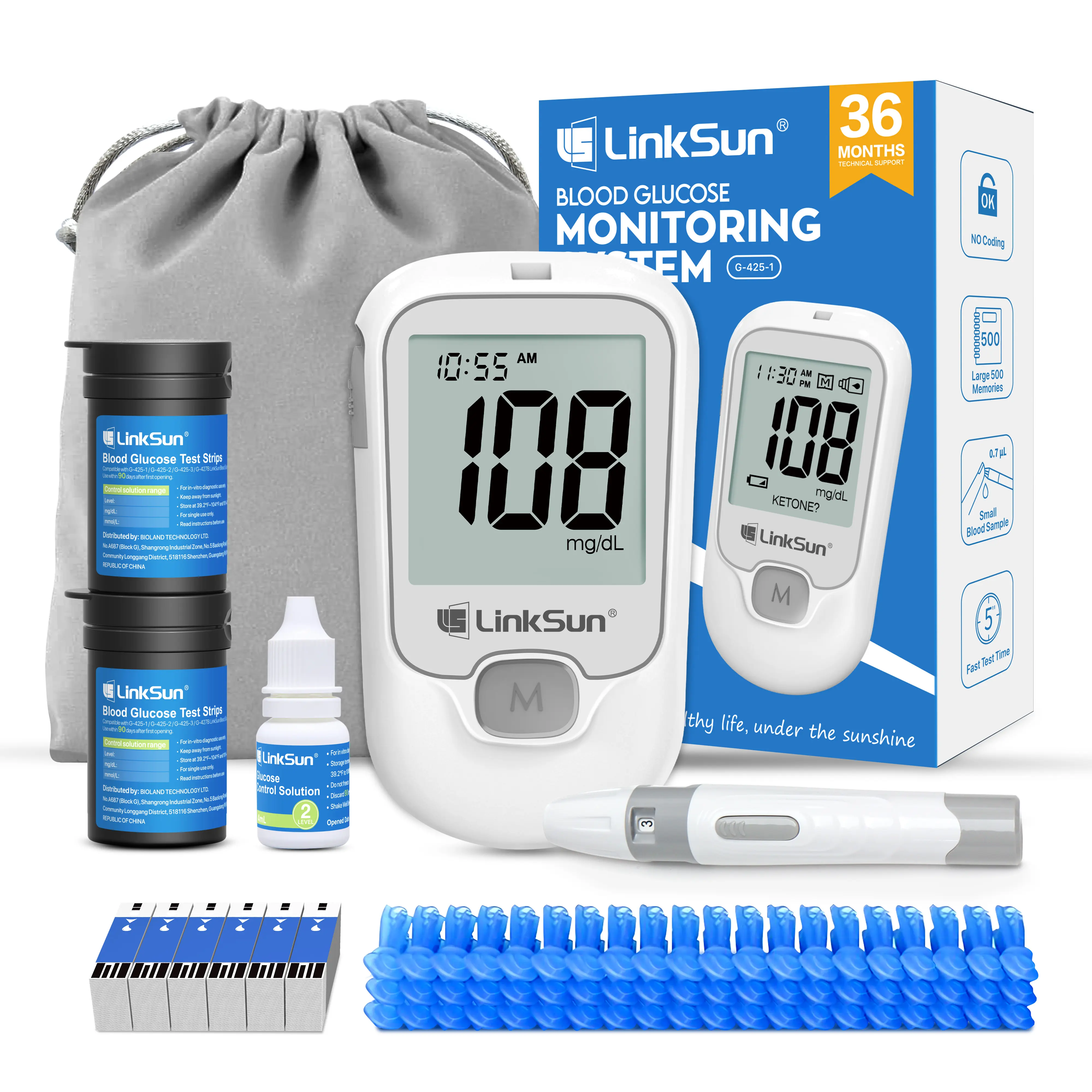 LinkSun G-425-1 Blood Glucose Monitor Kit, Blood Sugar Monitor with 100/50 Test Strips, 100/50 Lancets, 1 Glucometer, 1 Lancing Device, 1 Control Solution, No Coding, Time-Stamped Results, Results in mmol/L,Dealsforyoudays,summerwins,summeressentials
