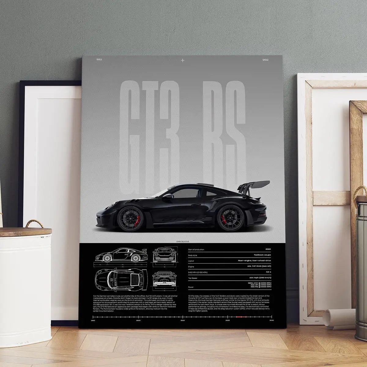Wooden Framed Canvas Painting, Artistic High-performance GT3 RS Model Specification Poster, Modern Abstract Art, Fashion Poster, Living Room Bedroom D