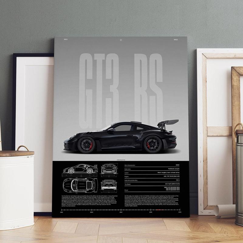 Wooden Framed GT3 RS Canvas Painting High Performance Modern Art Poster for Living Room Bedroom Office Mural Waterproof Finish Gift for Car Enthusiasts