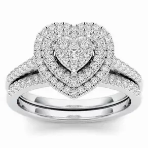 Romantic Double Halo Heart Bridal Ring Set – Sterling Silver Paved Brilliant Sparkle Cubic Zirconia Stackable Engagement & Wedding Matching Band, Sentimental Valentine Anniversary Gift for Her
