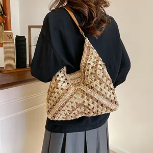 Visually Appealing Black & Beige Woven Beach Tote Bag for Women - Large Single Shoulder Straw Bag with Magnetic Closure