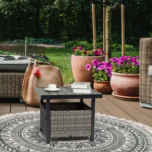 HAOYYE Outdoor Wicker Side Table with Umbrella Hole and Hidden Storage Square PE Rattan End Table for Patio Garden Deck Poolside Weather Resistant Small Table for Outdoor Furniture Set Grey