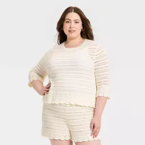 Women's Quarter Sleeve Openwork Crewneck Pullover Sweater - Universal Thread Cream 4X