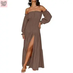 Women's 2026 Boho Sexy Off Shoulder Long Sleeve Smocked High Waist Side Split Flowy A Line Tiered Long Maxi Dress