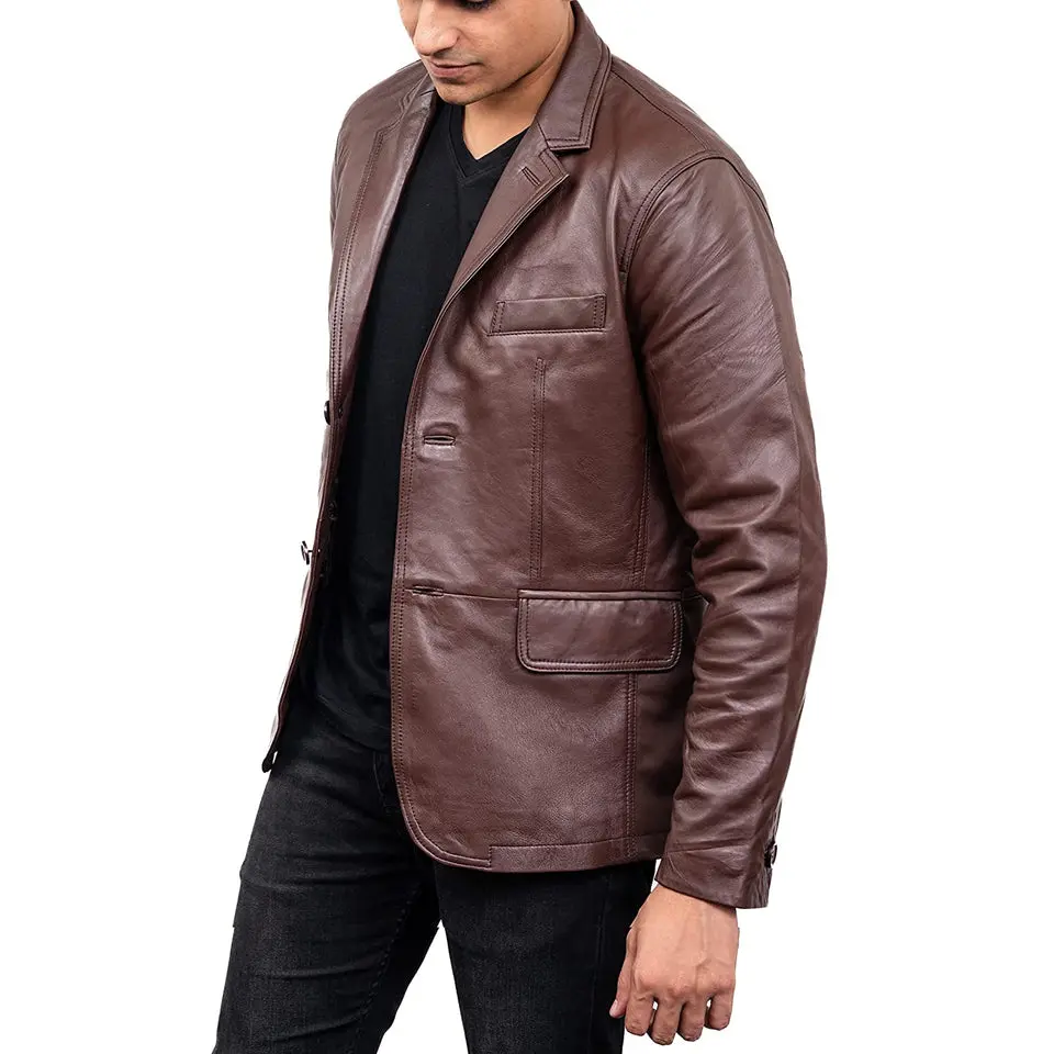 Men's 2-Buttons Lambskin Brown Leather Blazer Men's 2-Buttons Lambskin Brown Leather Blazer