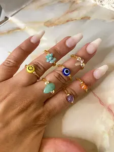 Stretchy Fidget Ring Set - 7 Unique Hand Beaded Rings with Elastic String for Adjustable Fit - Classic CrystlsCrystls Beads for Abundance & Protection - US Model Size 7