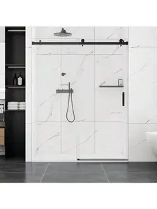 44-48"/56-60" W * 76" H Shower Door, Frameless Sliding Shower Door,Waterproof Glass Shower Door With Stainless Steel Handle And Seal Strip, 5/16" (8mm) Easy-Clean Tempered Glass,Matte Black/Brushed Nickel
