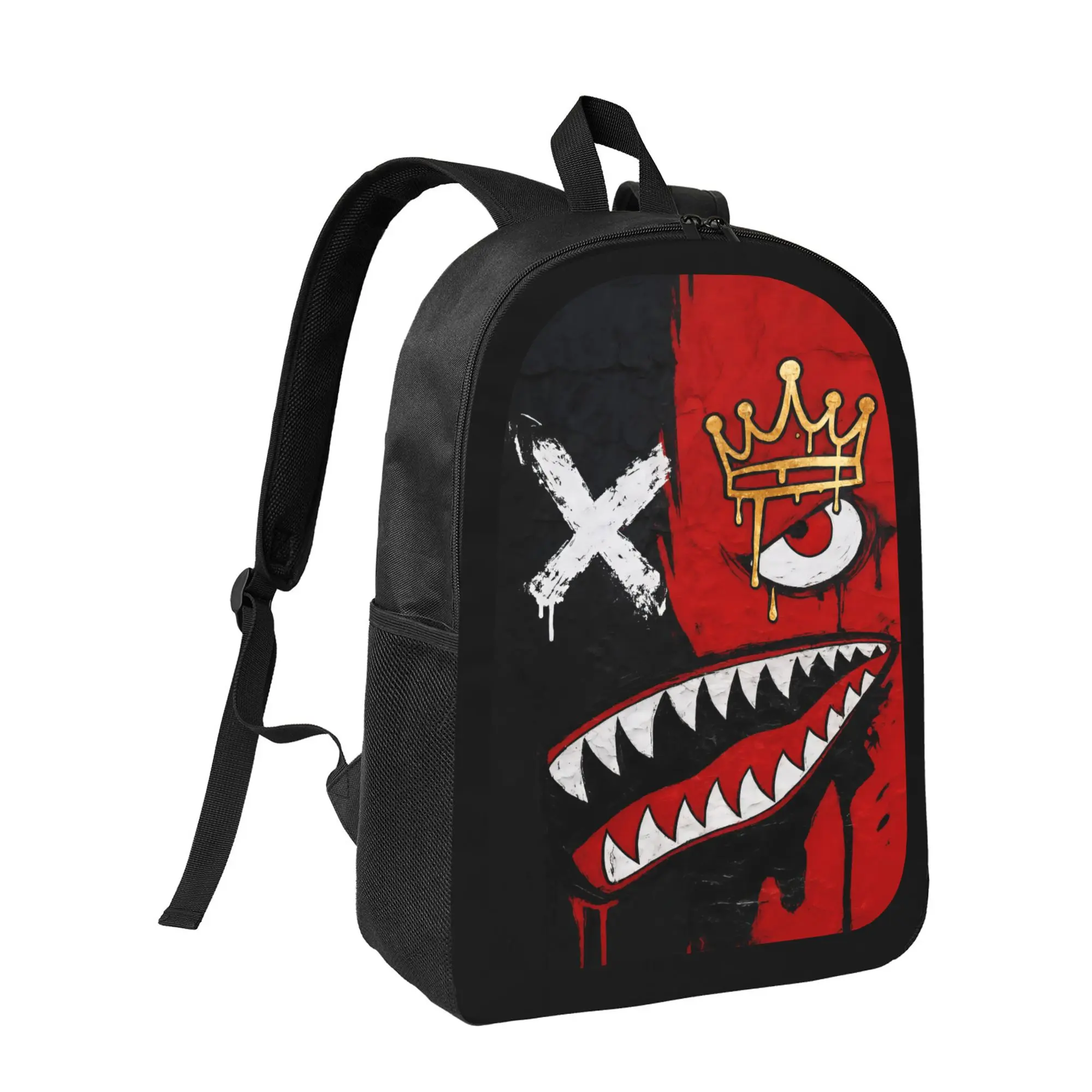 Red Black Split Face Crown Shark Teeth Graffiti Graphic Backpack, Durable Polyester Large Capacity School Bookbag, Lightweight Casual Travel Daypack, Cool Street Hip‑Hop Style Back To School Gift For Boys Teens Streetwear Pattern Fans