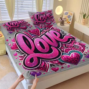 3-Piece Romantic Valentine'S Day Gift Bedding Set, Featuring The "LOVE" Pattern and Heart-Shaped Printed Fitted Sheet Set, Suitable for Couples' Bedroom Decoration. Simple, Fashionable, Soft and Skin Friendly, Including 1 Fitted Sheet and 2 Pillowcases