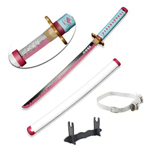 ELERVINO 31 inches Bamboo Wooden Demon Slayer Cosplay Sword Kanroji Mitsuri Swords with White Belt & Holder Stand Display for Halloween Anime Role Playing Props Cosplay Collection Decoration Christmas Gift Birthday Decoration