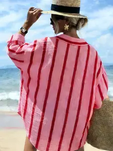 Women's striped linen-blend beach shirt for spring/summer, casual button-down cover-up, Swimwear Cover Up, perfect for summer vacations & street style | #CoastalStyle #BeachEssentials