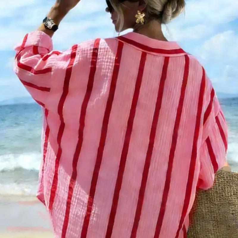 Women's striped linen-blend beach shirt for spring/summer, casual button-down cover-up, Beach Coverup, Swimsuit Coverups, Swimwear Cover Up, Swim Cover Ups, Swimsuit Cover Ups, perfect for summer vacations & street style | #CoastalStyle #BeachEssentials