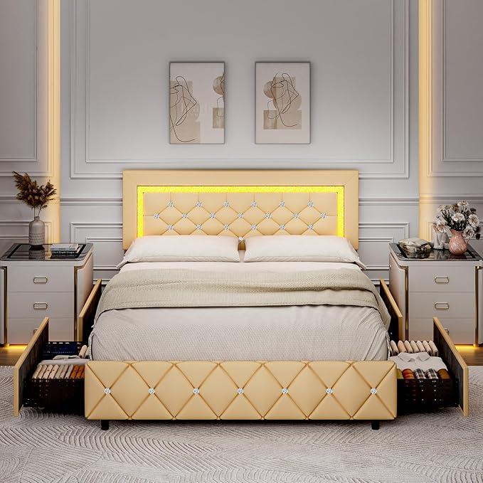 HOMBCK Bed Frame with Lights and Drawers, No Mattress, Diamond Headboard, Faux Leather, Modern Style, No Box Spring Needed, Easy Assembly HOMBCK Bed Frame with Lights and Drawers, No Mattress, Diamond Headboard, Faux Leather, Modern Style, No Box Spring Needed, Easy Assembly