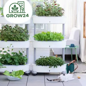 Grow24 Self-Watering and Vertical semi-hydroponic Growing System 45 X 26 X 12 Inches, 3 Tiers of Stackable Indoor Garden Planter with Wheels, Easy Care Planter, White Color
