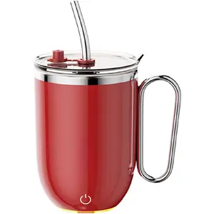 JOTER & LIBEAR Self Stirring Coffee Mug with Straw & LED for Temp Indicating, Auto Magnetic Mixing Cup with Lid (Red)
