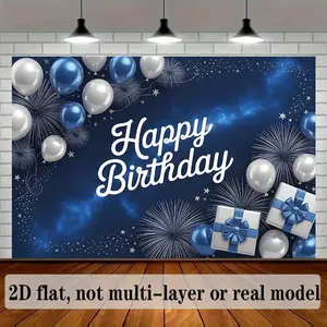 Large 2D Flat Birthday Banner - Blue-Silver Themed Polyester Wall Hanging, Home & Festive Party Supplies Backdrop for Living Room Decor