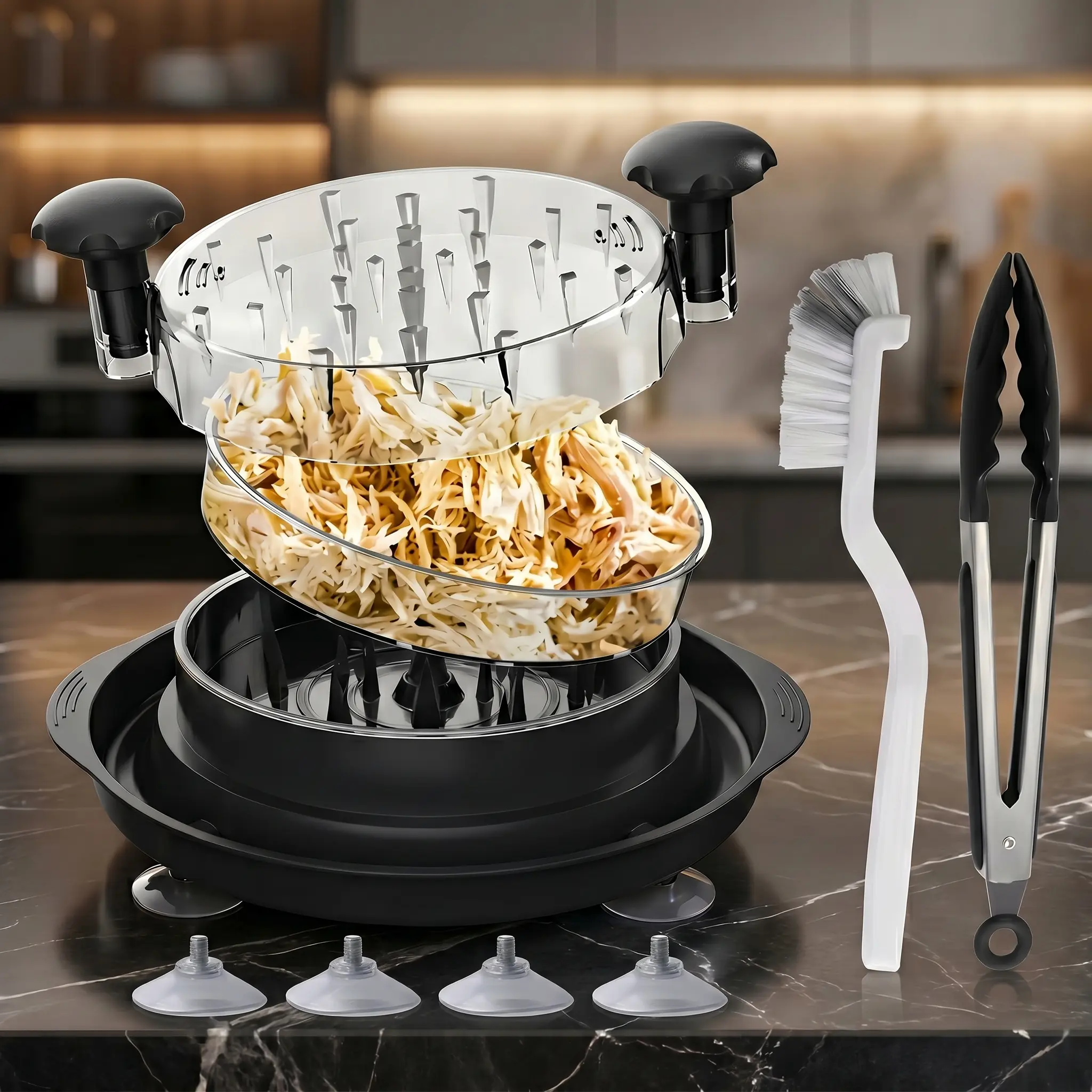 Premium Pro Chicken Shredder Kit - Kitchen Gadgets with Stainless Steel Tongs, Cleaning Brush, Suction Base; Countertop Cooking Accessory, Food Prep Tool for Fast Meat Shredding (Chicken, Beef, Pork)