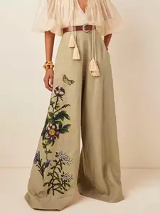 Women's Floral Print Pocket Wide Leg Pants, Boho Casual Trousers for Spring & Fall, Women's Bottoms for Daily Wear, Loose Legged Pants