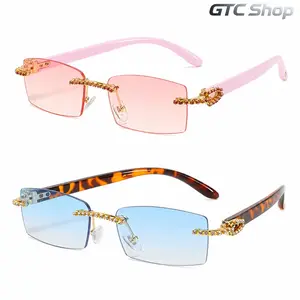 2-Piece Set Retro Small Rectangle Rimless Sunglasses for Men & Women, UV400 Protection Premium Frameless Vintage Fashion Eyewear for Daily Outdoor Wear #summervibes