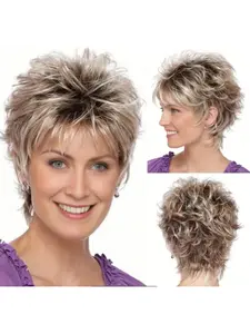 Short Bob Pixie Wig, Fashionable Women's Fluffy Mix Short Curly Hair, Bangs Gradient Straight Synthetic Wig