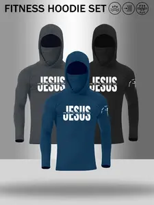 Men's Jesus Graphic Balaclava Hoodie Fitness Set, Hoodie Tops, Long Sleeve Quick Dry Hoodies Workout Top, Christian Faith Gym Apparel #tiktokmademebuyit