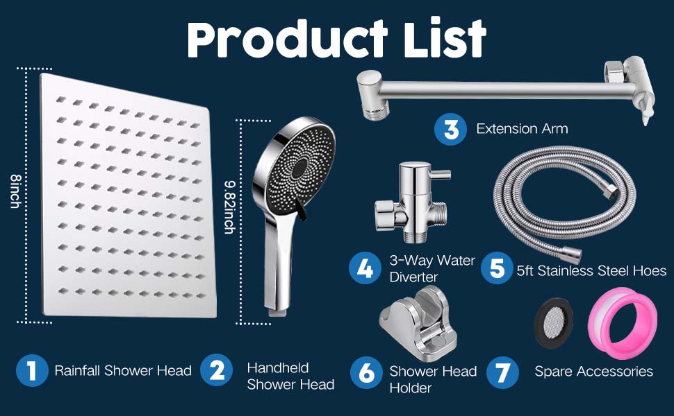 Shower Head,8”Rain Shower Head with Handheld Spray Combo with 11'' Angle Adjustable Extension Arm/Flow Regulator/Shower System,High Pressure Rainfall Shower Head Bathroom,Chrome Shower Head,8”Rain Shower Head with Handheld Spray Combo with 11'' Angle Adjustable Extension Arm/Flow Regulator/Shower System,High Pressure Rainfall Shower Head Bathroom,Chrome