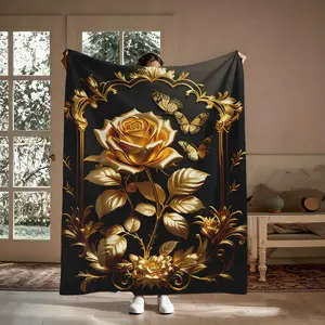 Luxury Gold Rose Flannel Throw Blanket, Super Soft Warm Baroque Butterfly Throw, Ideal Birthday Gift for Her, Suitable for Couch, Travel & Home Decor